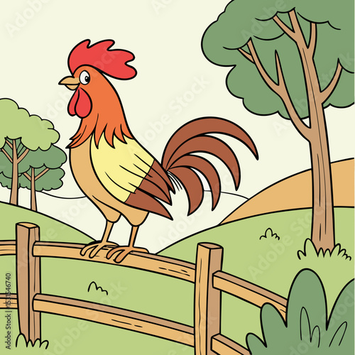 Colorful rooster standing proudly on a wooden fence in a serene countryside setting, surrounded by lush trees and rolling hills, showcasing vibrant farm life and nature