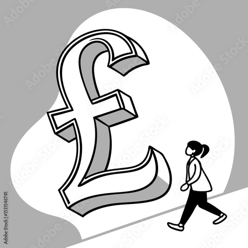 Illustration of a woman walking beside a large stylized pound symbol, showcasing financial concepts and economic themes in a minimalist design with a modern aesthetic