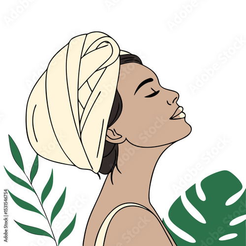 Elegant woman with a towel on her head, enjoying a moment of relaxation, surrounded by lush green leaves, embodying tranquility and self-care in a serene atmosphere