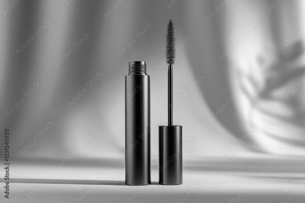 Obraz premium Elegant black mascara tube and brush, showcasing beauty and sophistication with a modern minimalist aesthetic on a bright neutral background.