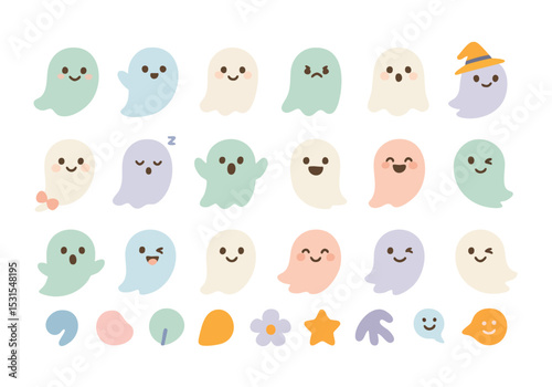 Vector set of cute pastel ghosts with playful expressions and accessories. Perfect for Halloween designs, kids’ products, kawaii-style graphics, and spooky-but-sweet content.