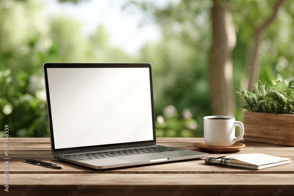 Fototapeta premium A laptop with a blank screen and a cup of coffee on a wooden table, creating an ideal working environment, surrounded by refreshing greenery and a peaceful atmosphere.