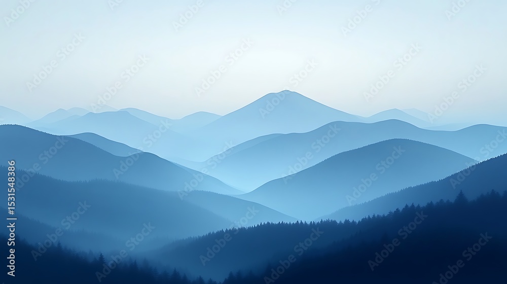 Obraz premium Misty mountain range, soft blue hues