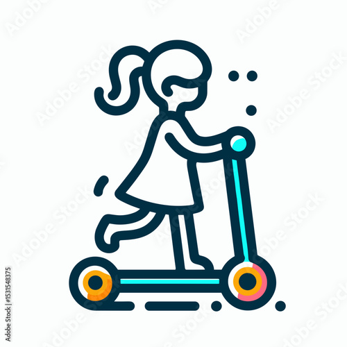 Illustration of a girl riding a scooter in a playful pose on a light background