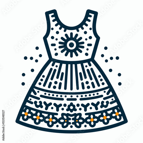 Illustration of a floral summer dress with intricate patterns on a light background