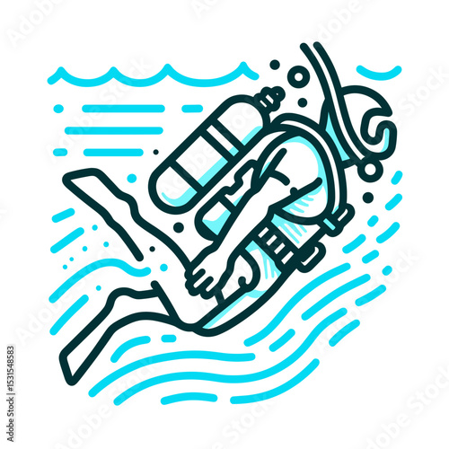 Illustration of a scuba diver underwater with diving gear on a light background