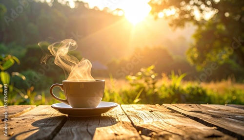Sunrise Coffee with Nature, and Wooden Table.