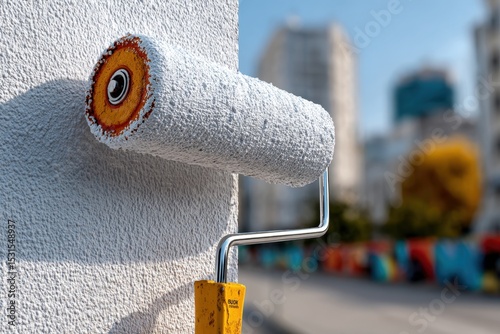 Fototapeta Naklejka Na Ścianę i Meble -  Close-up of a paint roller applying fresh white paint to a textured exterior wall, with a blurred urban backdrop suggesting a renovation project in progress.