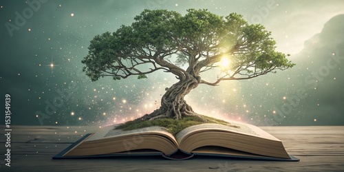 Wisdom visualized — aged tree growing from a floating book with glowing roots
