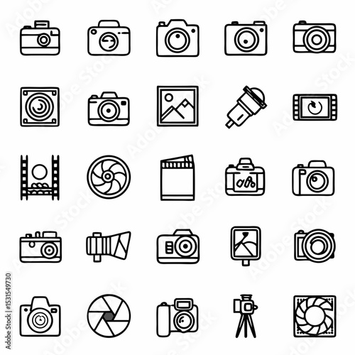 Stock photography icons set vector illustration featuring camera lens tripod and other photography equipment
