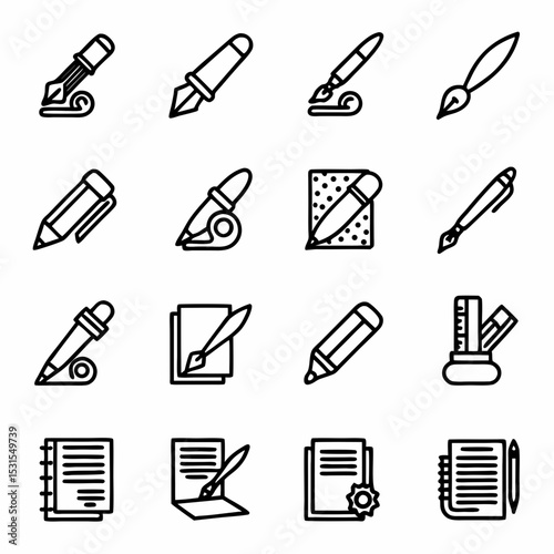 Vector writing tools icons collection pen pencil brush notebook paper writing drawing sketching design set line art 100