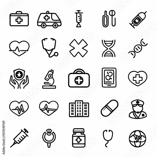 Medical healthcare icons set ambulance stethoscope dna syringe microscope heart capsule and doctor line art vector
