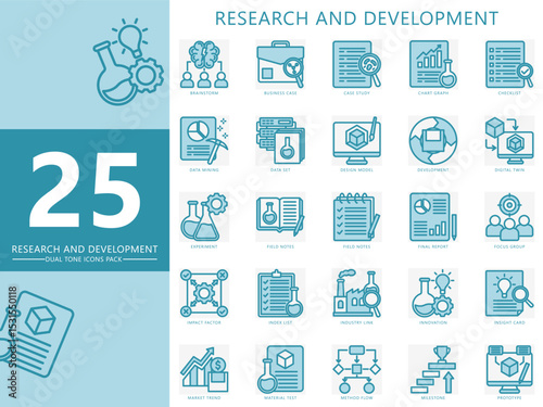 Research and development dual tone icons set. contain brainstorm, data, development, experiment, list, notes, prototype and more. Vector for print, digital UI, UX, web and app, for education, industry