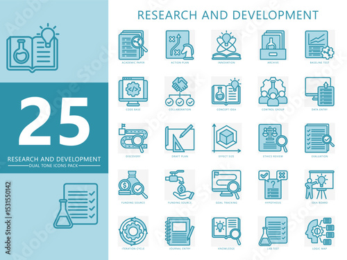 Research and development dual tone icons set. contain innovation, academic paper, draft, discovery, idea, evaluation and more. Vector for print, digital UI, UX, web and app, for education, industry