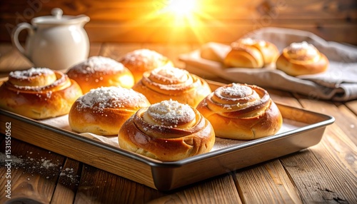 Sweet Rolls with Bakery, and Wooden Table.