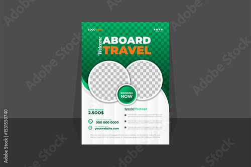 Flyer design and brochure cover page template for travel agency vacation offer discount trip