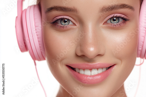 Young woman with pink headphones smiling brightly in a well-lit environment