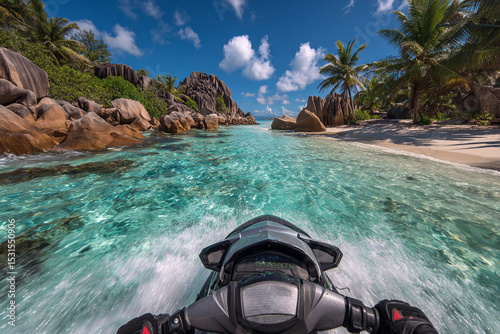 Exciting jet ski adventure in clear turquoise waters surrounded by tropical scenery