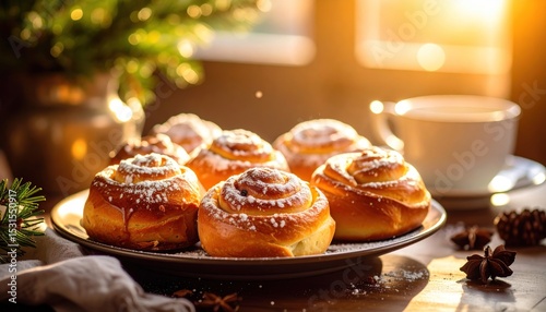 Sweet rolls with winter breakfast, and sunlight.