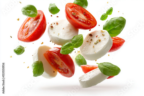 Slices of fresh tomatoes and mozzarella cheese with basil leaves floating in the air