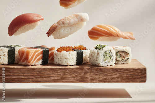 Fresh sushi pieces levitate above a wooden platter in a minimalist setting