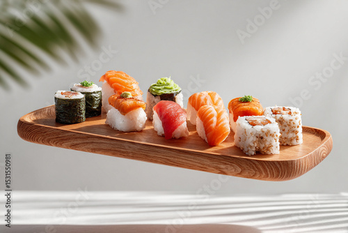 Delicious sushi platter featuring various types of sushi and sashimi on a wooden serving board