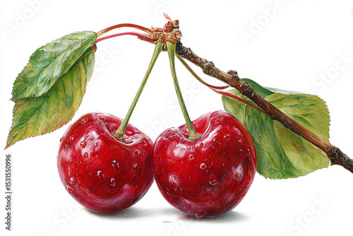 Fresh cherries hanging from a branch with vibrant green leaves in a bright setting