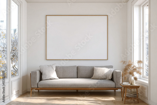 Modern living room design features a cozy sofa with natural light filtering in