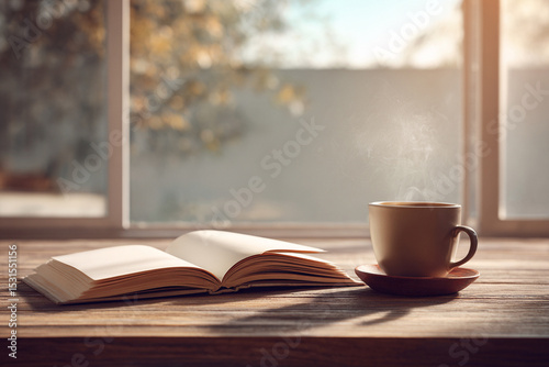 Warm morning light reflects on an open book and steaming coffee cup on a wooden table