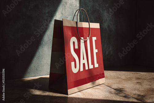 Shopping bag promoting clearance event with bright sale lettering in well-lit space