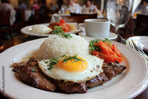 Delicious plate of grilled meat with rice and egg served in a restaurant