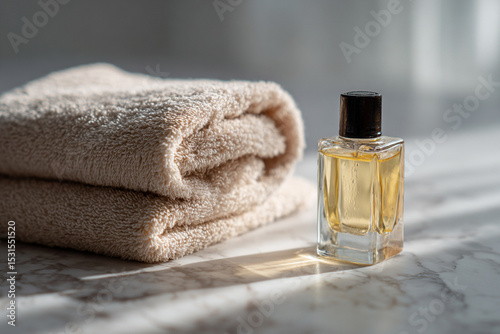 Luxurious spa moment with soft towel and elegant fragrance bottle in bright setting