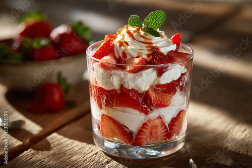 Delicious strawberry dessert served in a glass with whipped cream and mint on a wooden table