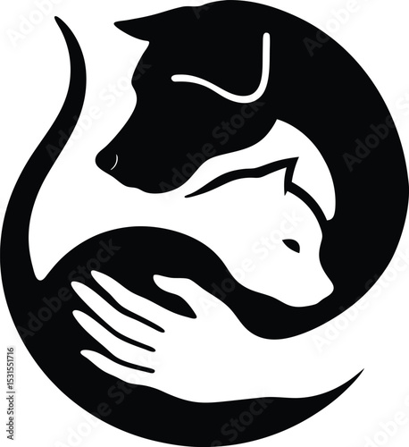 Yin Yang Style Pet Care Symbol with Dog Cat and Hand