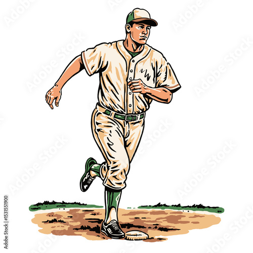 running baseball player vintage illustration

