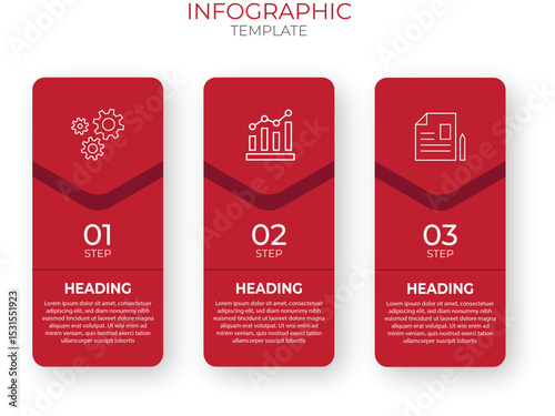 Red 3 Step Vertical Infographic Design with
Icons for Workflow Business Process Timeline Presentation
or Step by Step Data Visualization
