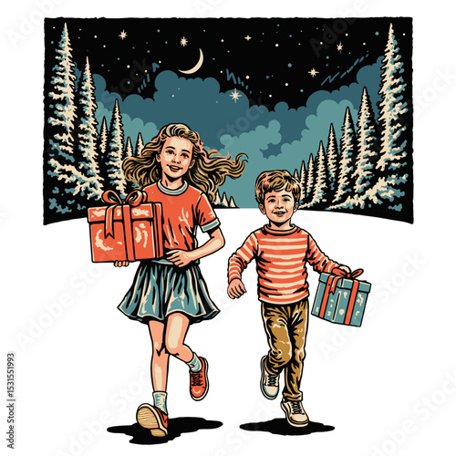 kids girl and boy holding gift boxs