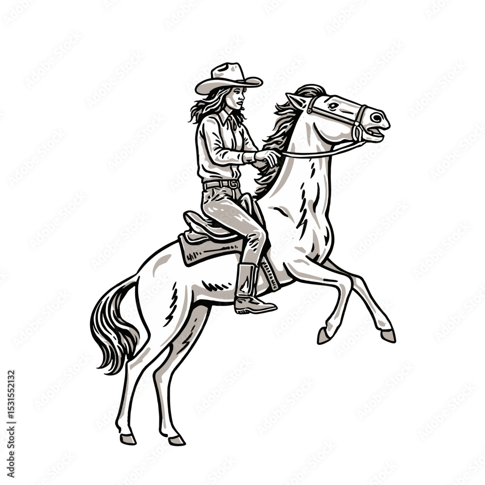 Fototapeta premium cowgirl riding horse on bucking bronco vintage illustration