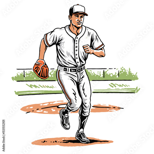 baseball player running vintage illustration
