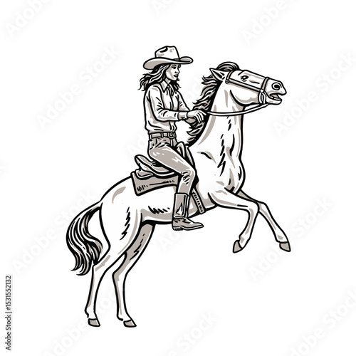 cowgirl riding horse on bucking bronco vintage illustration