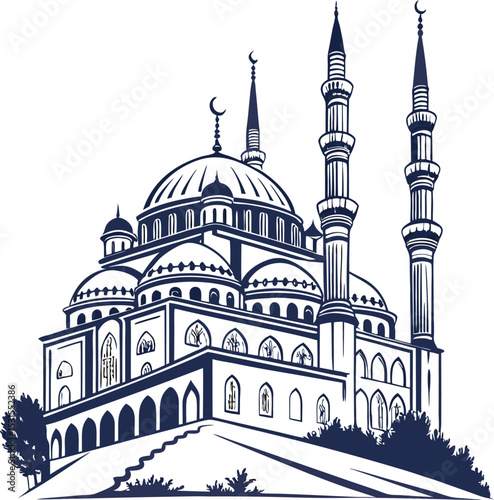 islamic mosque building with dome and tall minarets