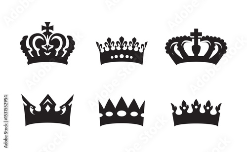 Set black crowns. Royal insignia collection. Royal crowns. Set of icons and elements for logo design.