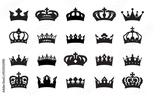 Set black crowns. Royal insignia collection. Royal crowns. Set of icons and elements for logo design.