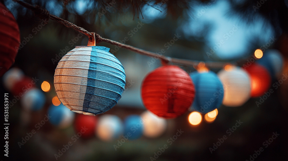 Obraz premium Red White and Blue Hanging Lanterns at Night – Patriotic Outdoor Party Lighting for 4th of July Celebrations