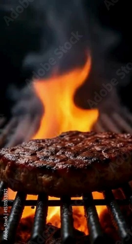 Juicy burger patty sizzling on a grill with flames rising up behind it