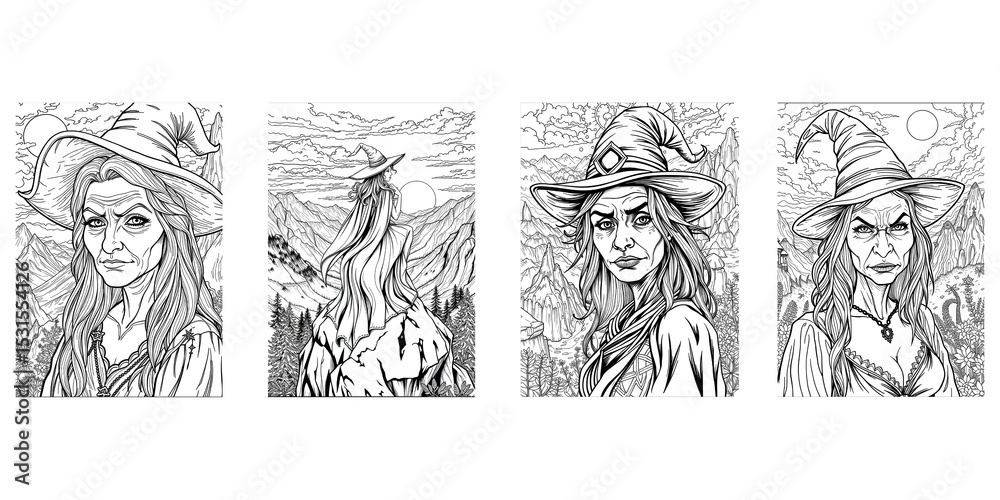 Obraz premium Funny Caricature Witches with Ugly Faces and Sexy Bodies – Humorous Halloween Illustration