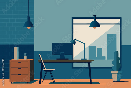 Vector illustration of modern office workspace interior