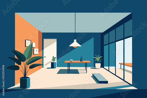 Vector illustration of modern office interior with furniture and plants