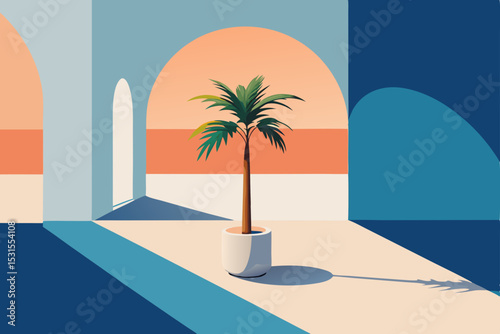 Vector illustration of a potted palm tree in a modern architectural setting