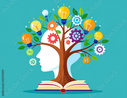 Human head growing branches symbolizing knowledge and personal development